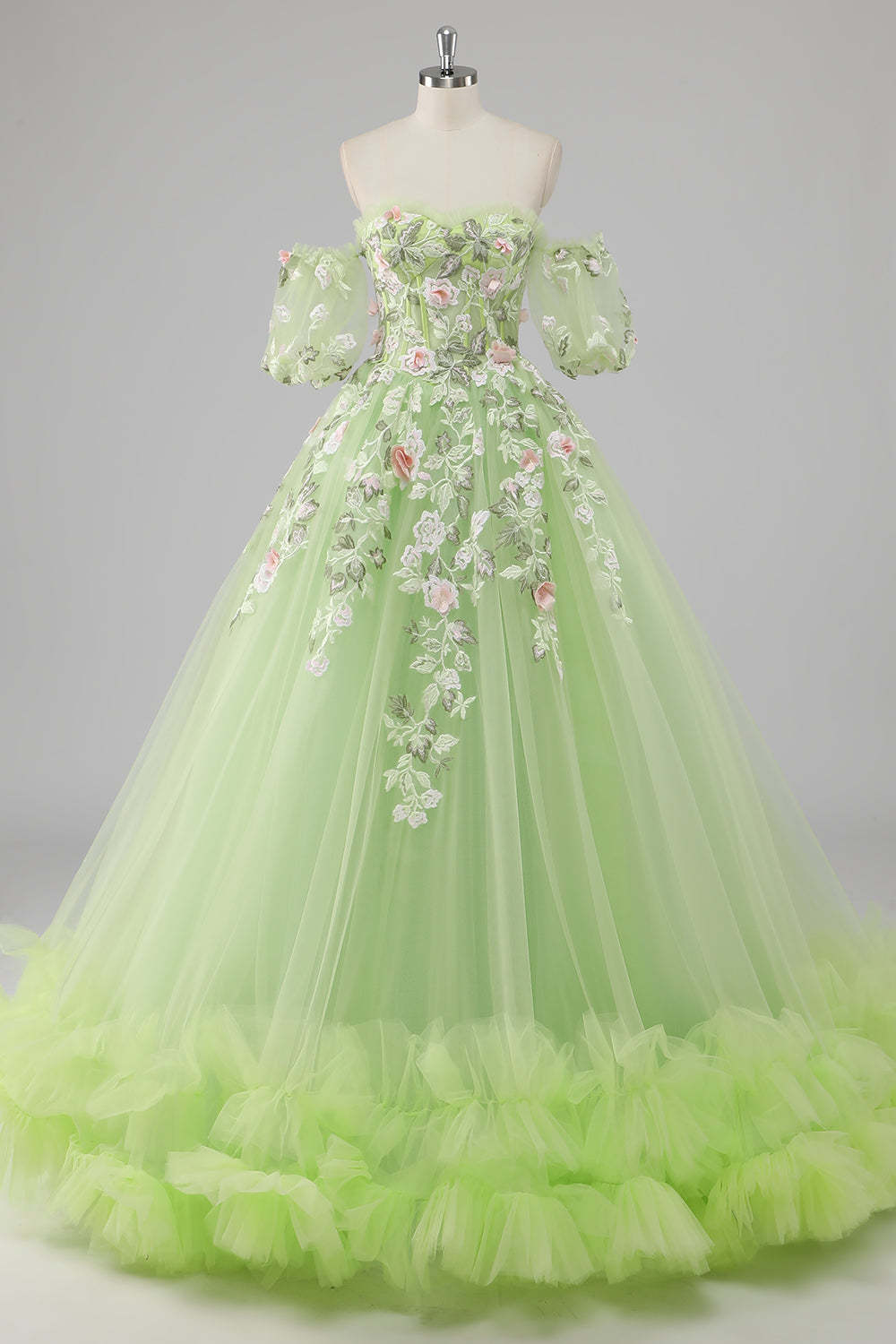 Lemon Green Ball Gown Corset Applique Quinceañera Dress