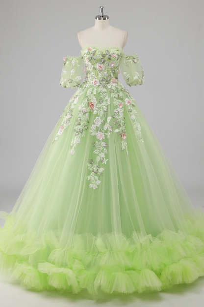 Lemon Green Ball Gown Corset Applique Quinceañera Dress