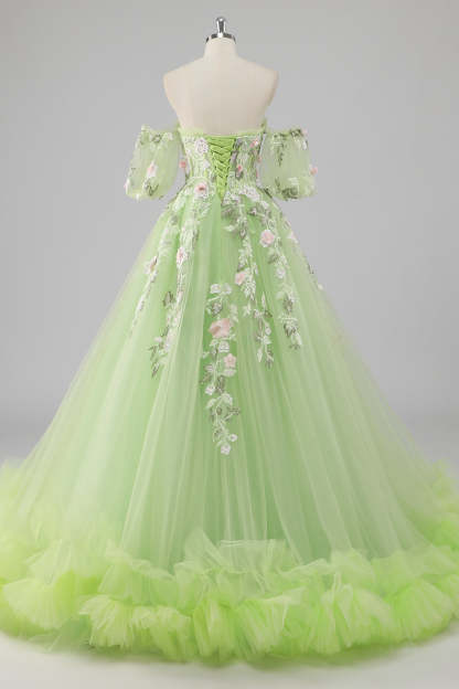 Lemon Green Ball Gown Corset Applique Quinceañera Dress