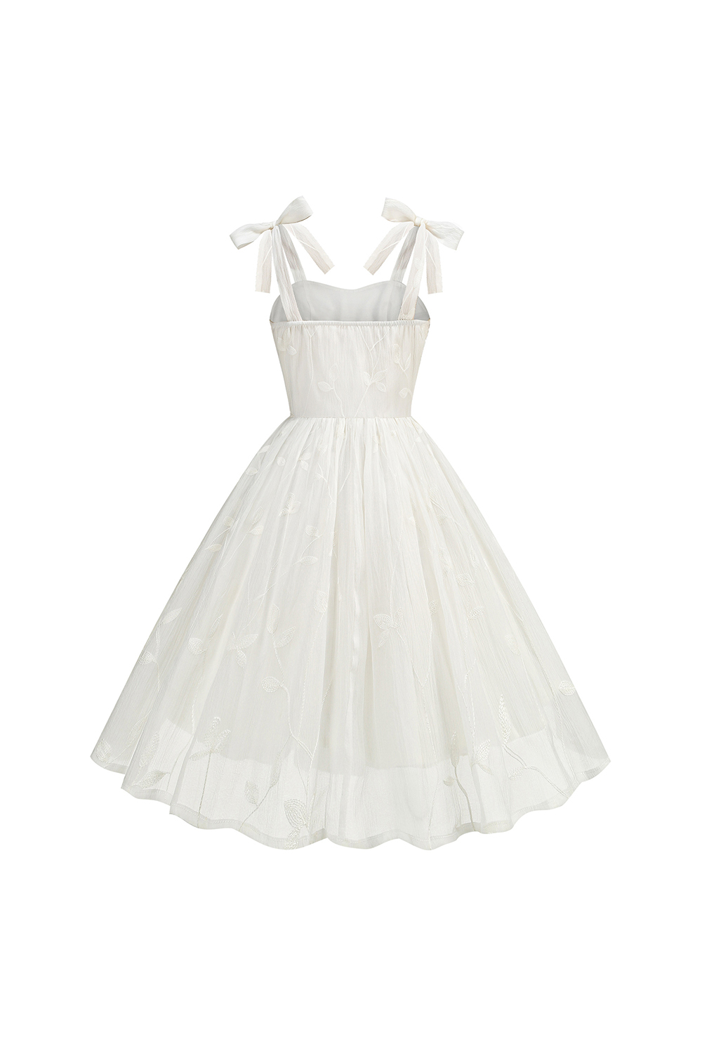 White A-Line Embroidered Midi Graduation Dress with Bow