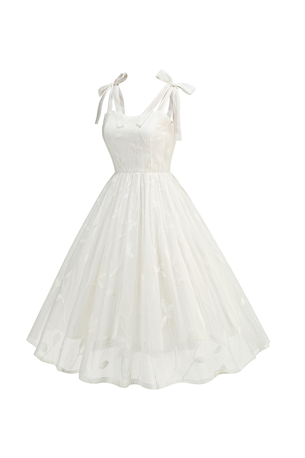 White A-Line Embroidered Midi Graduation Dress with Bow