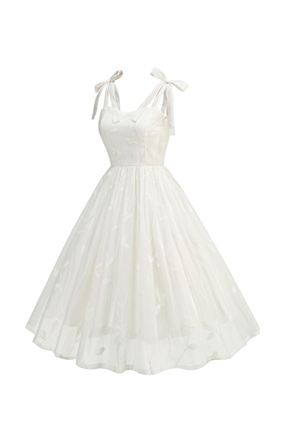 White A-Line Embroidered Midi Graduation Dress with Bow