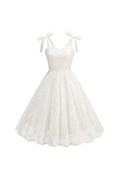 Leely Women White Cocktail Dress A Line Spaghetti Straps Bow Tie Pleated Short Party Dress