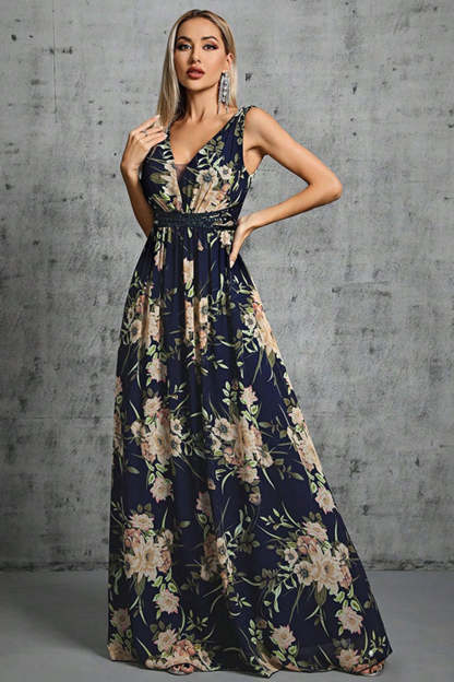 Leely Women Navy V Neck Formal Dress A Line Printed Flower Chiffon Long Evening Dress