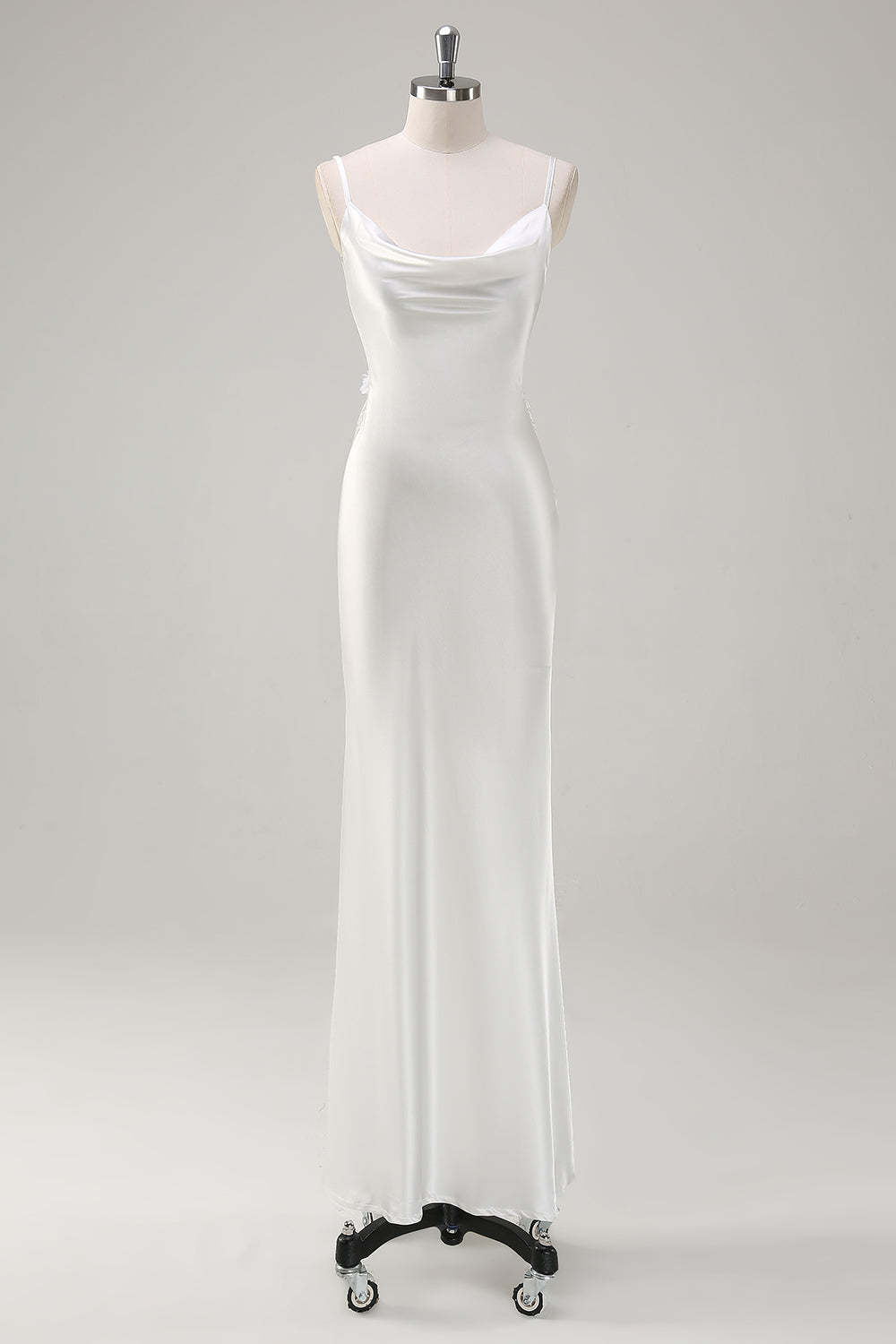 Leely Women White Formal Party Dress Satin Sheath Cowl Neck Spaghetti Straps Sleeveless Backless Floral Long Gala Dress