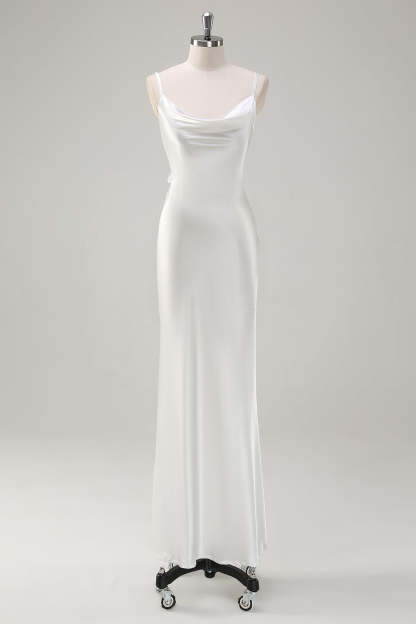 Leely Women White Formal Party Dress Satin Sheath Cowl Neck Spaghetti Straps Sleeveless Backless Floral Long Gala Dress
