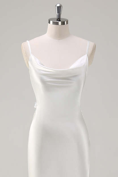 White Satin Cowl Neck Backless Formal Dress