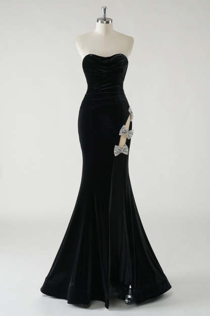 Leely Women Strapless Velvet Black Mermaid Prom Dress with High Slit Bow Maxi Evening Gala Dress