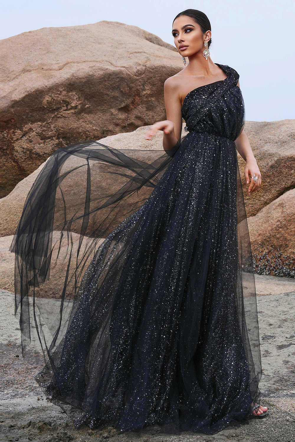 Sparkly Black A-Line One Shoulder Prom Dress with Slit