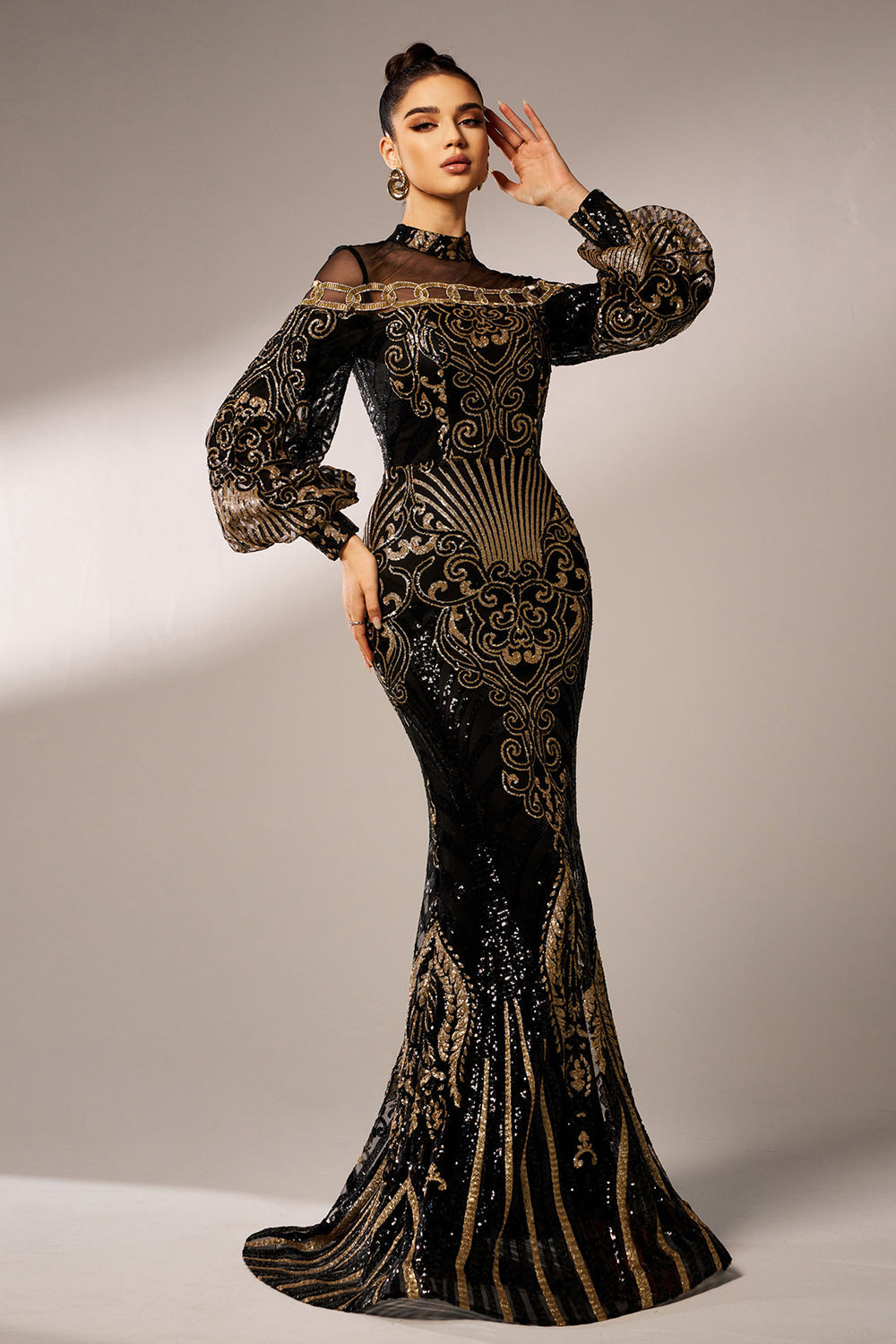 Sparkly Mermaid Long Sleeves High Neck Sequins Long Formal Dress