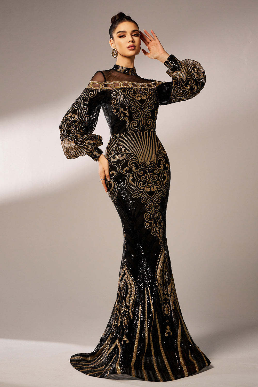 Sparkly Mermaid Long Sleeves High Neck Sequins Long Formal Dress