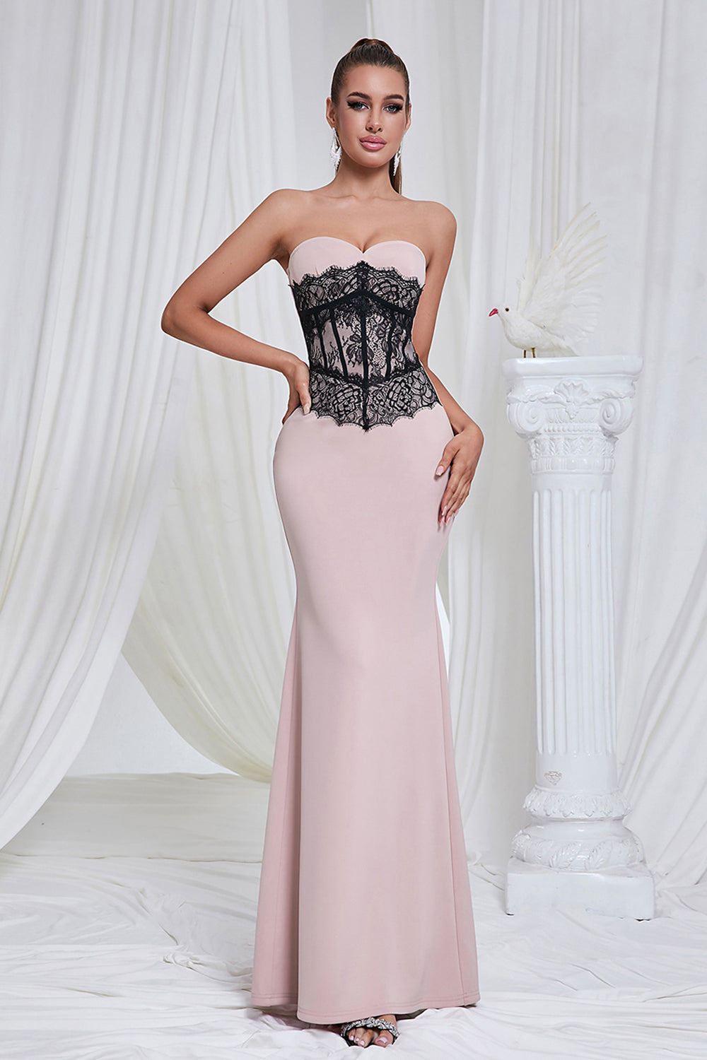 Mermaid Pink Strapless Lace Long Formal Dress