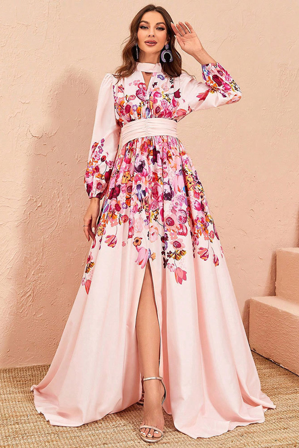 Leely Women Floral Print Pink Wedding Guest Dress A Line Long Sleeves Long Formal Dress with Slit
