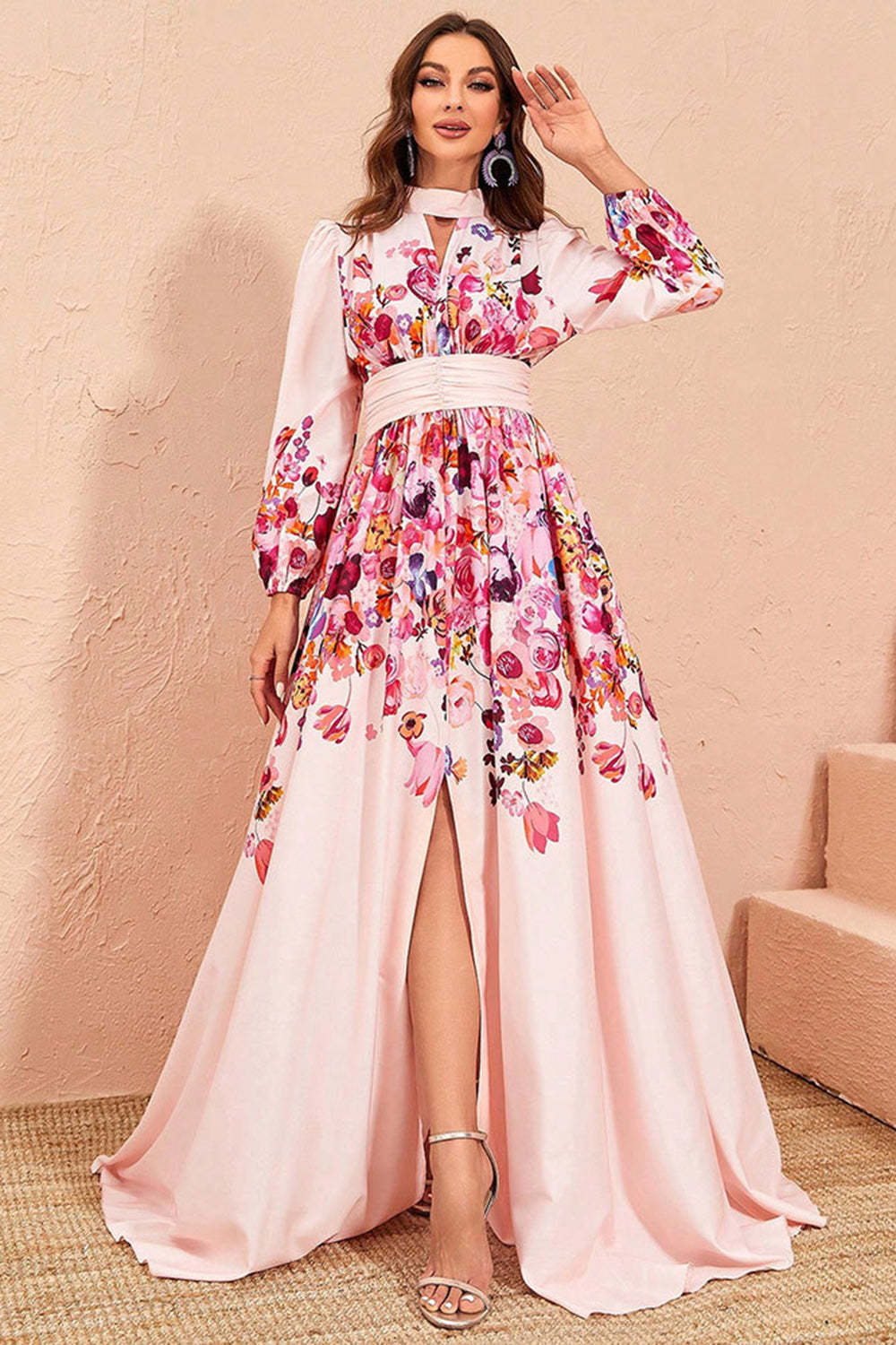 Leely Women Floral Print Pink Wedding Guest Dress A Line Long Sleeves Long Formal Dress with Slit