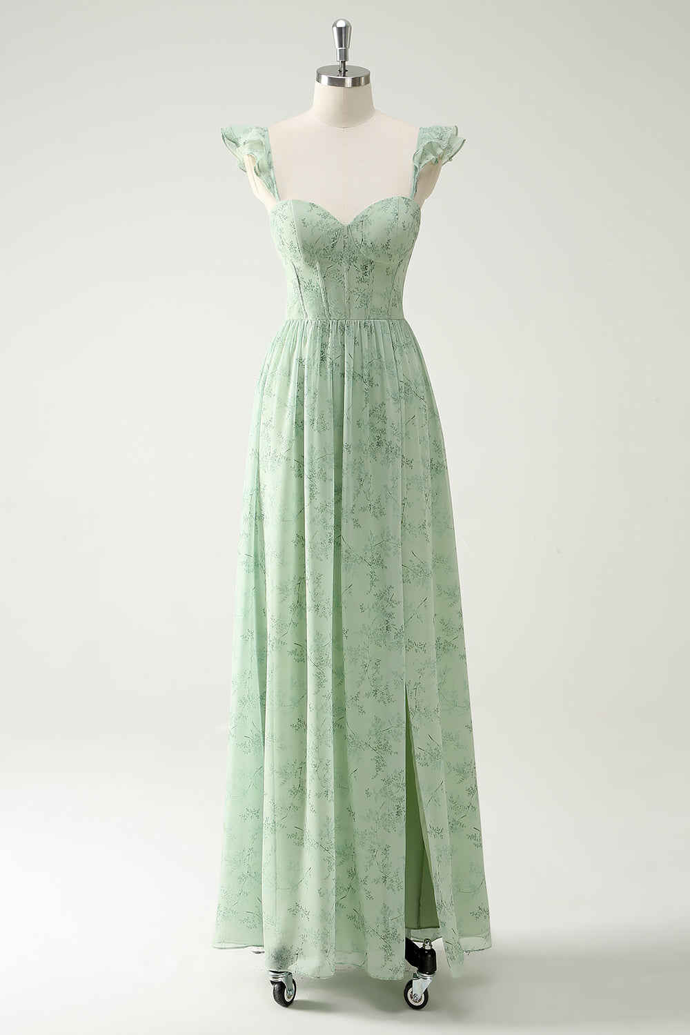 Leely Women Green Flower Long Bridesmaid Dress A Line Ruffles Straps Corset Formal Dress with Split Front