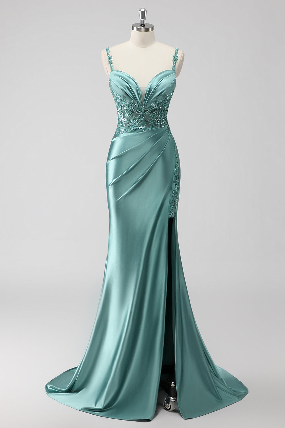 Green Sequin Mermaid Satin Maxi Prom Dress with Slit