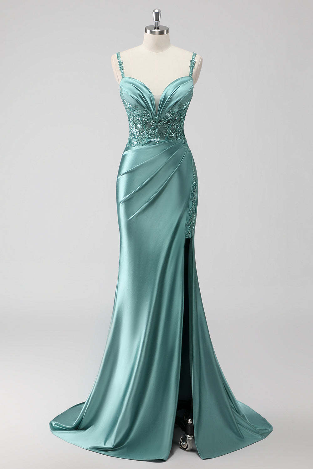 Leely Women Green Sequin Prom Dress with Slit Ruched Mermaid Satin Maxi Evening Dress