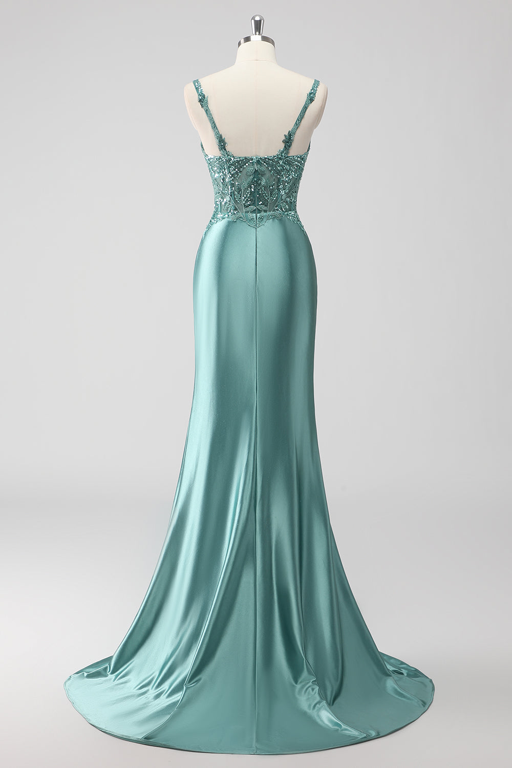 Green Sequin Mermaid Satin Maxi Prom Dress with Slit