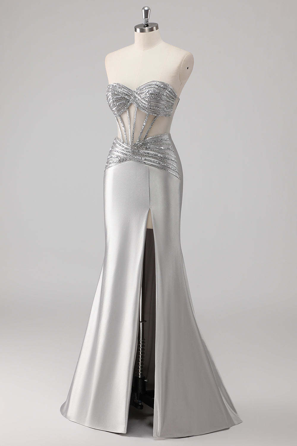 Grey Sparkly Beaded Mermaid Maxi Prom Dress with Slit