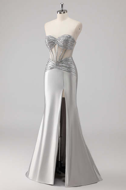 Grey Sparkly Beaded Mermaid Maxi Prom Dress with Slit