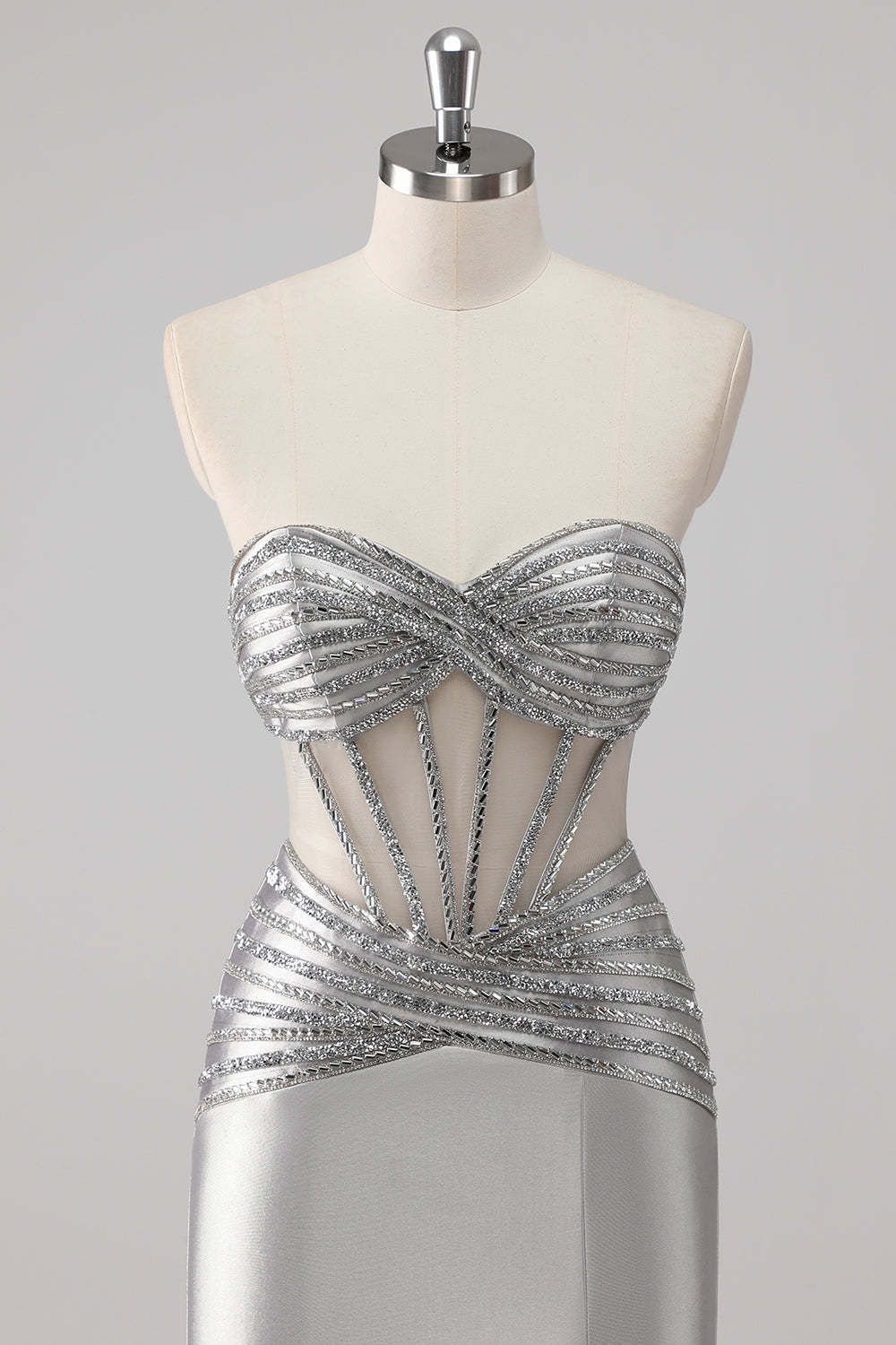 Grey Sparkly Beaded Mermaid Maxi Prom Dress with Slit