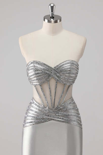 Grey Sparkly Beaded Mermaid Maxi Prom Dress with Slit