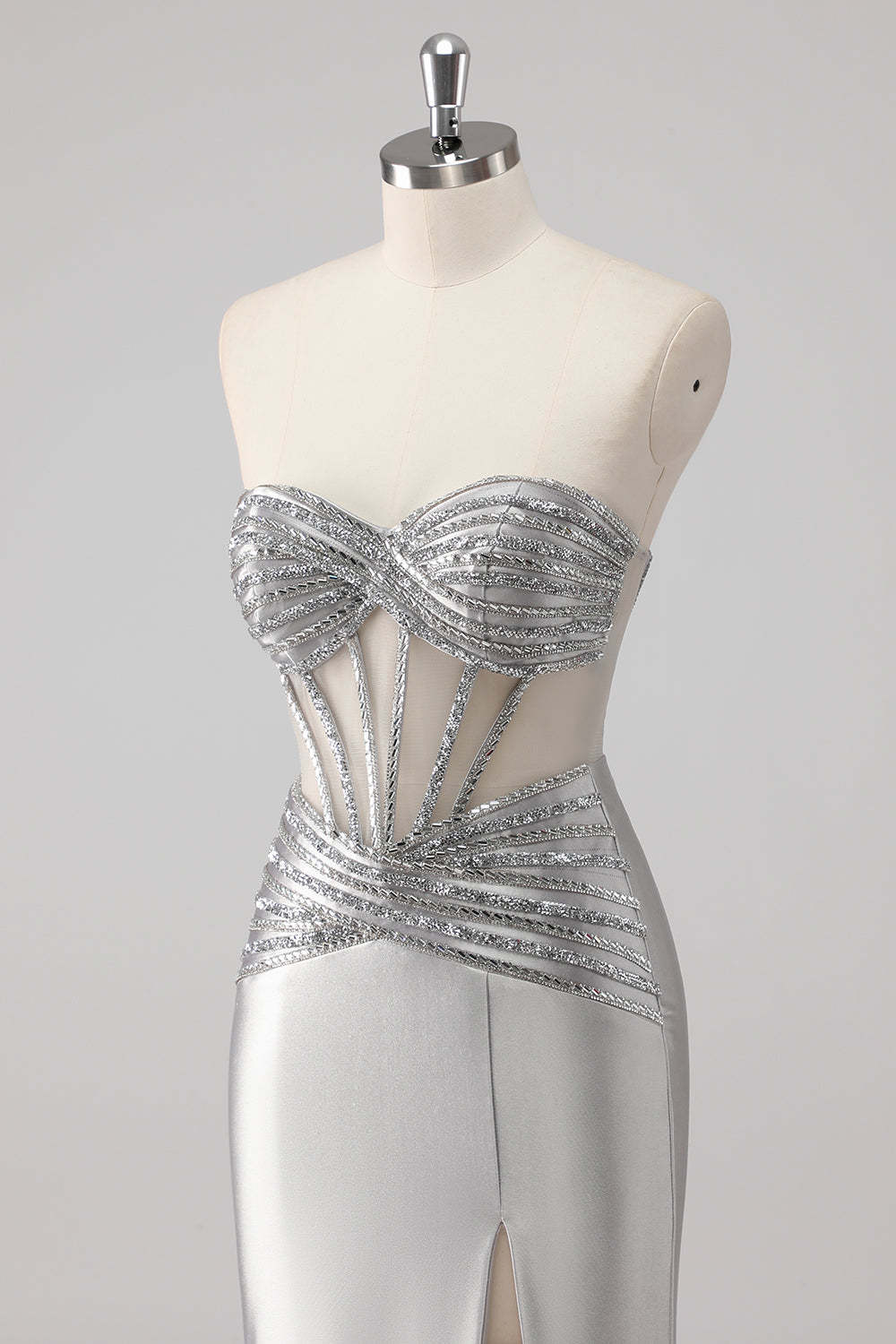 Grey Sparkly Beaded Mermaid Maxi Prom Dress with Slit