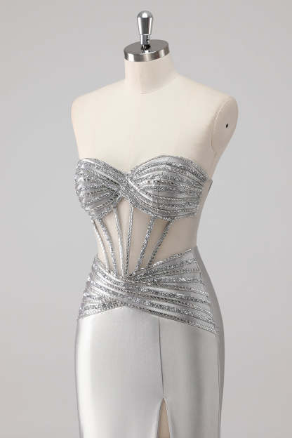Grey Sparkly Beaded Mermaid Maxi Prom Dress with Slit