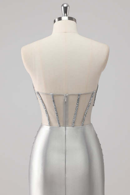 Grey Sparkly Beaded Mermaid Maxi Prom Dress with Slit