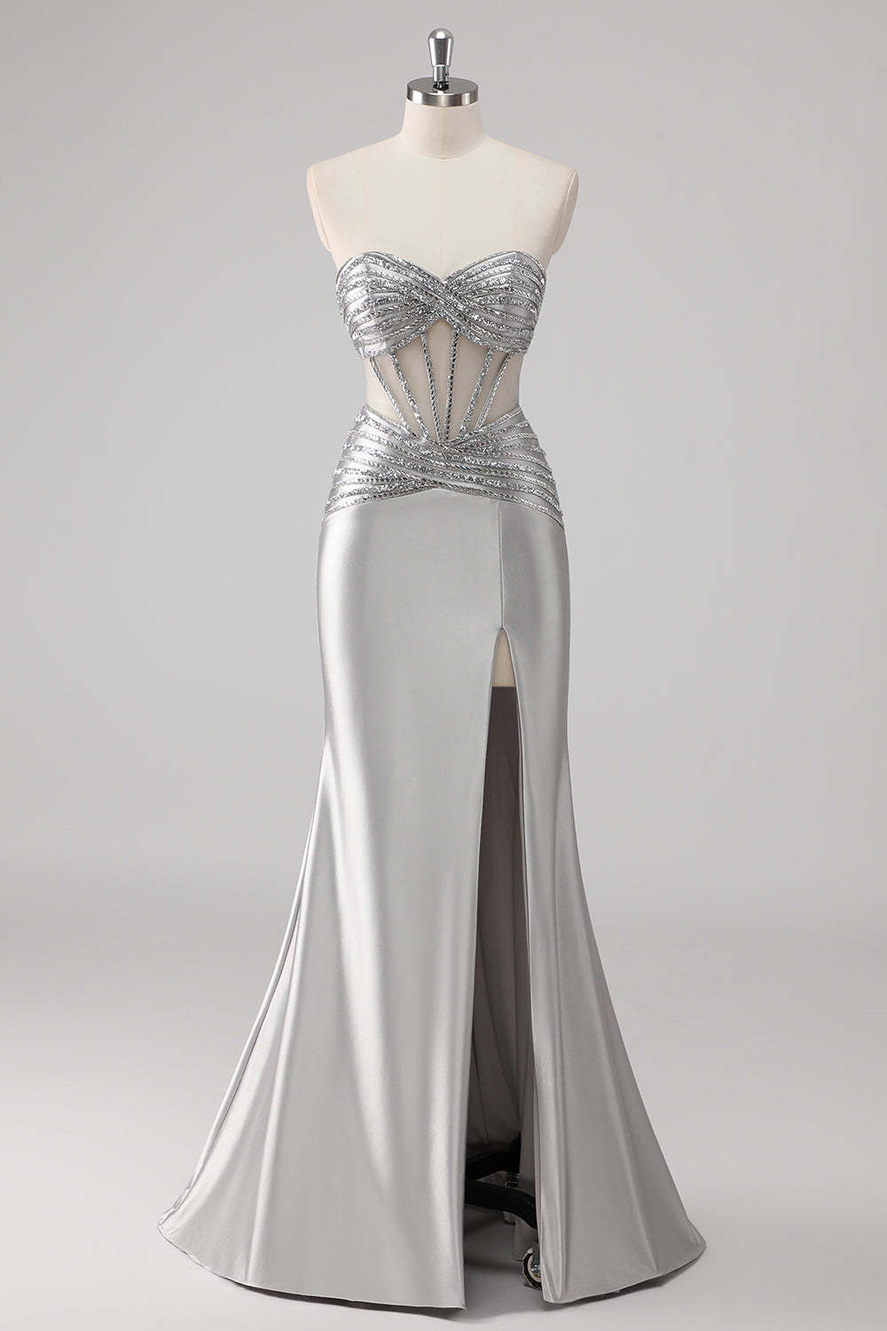 Leely Women Sparkly Grey Beaded Prom Dress with Slit Strapless Satin Mermaid Maxi Evening Dress