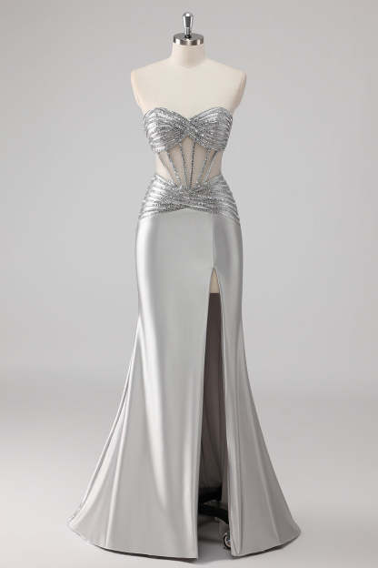 Leely Women Sparkly Grey Beaded Prom Dress with Slit Strapless Satin Mermaid Maxi Evening Dress