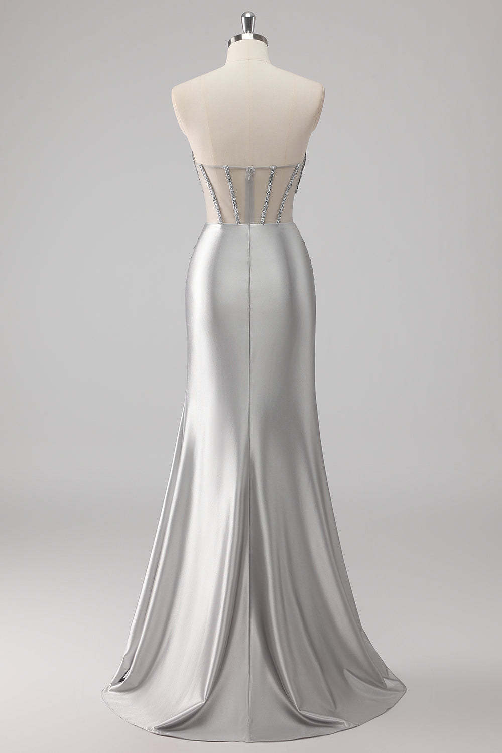 Grey Sparkly Beaded Mermaid Maxi Prom Dress with Slit