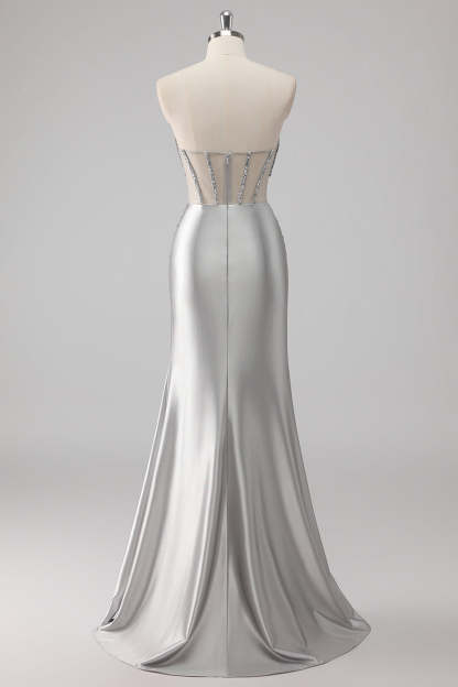 Grey Sparkly Beaded Mermaid Maxi Prom Dress with Slit