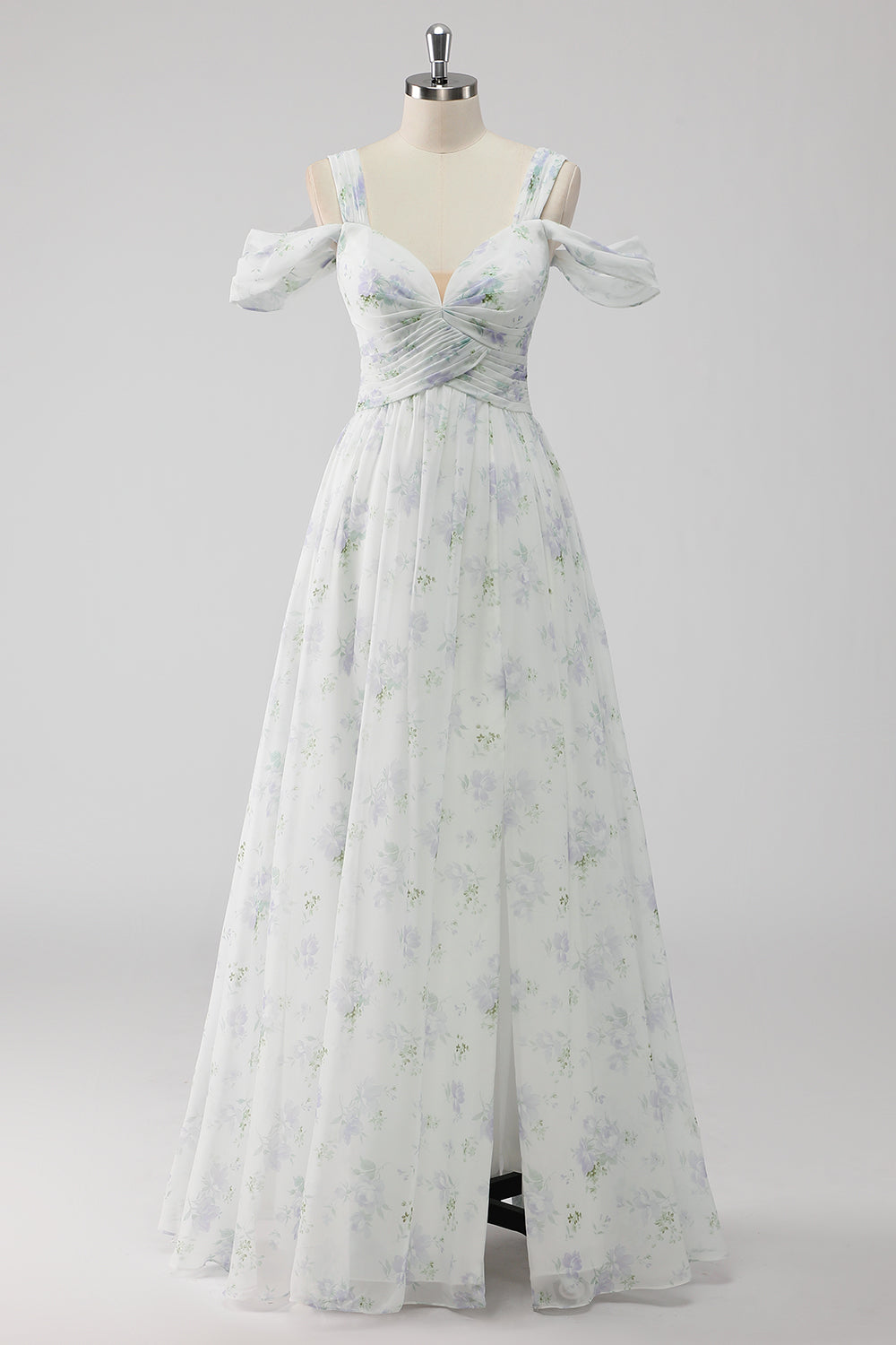 White Floral A Line Cold Shoulder Wedding Guest Dress with Slit