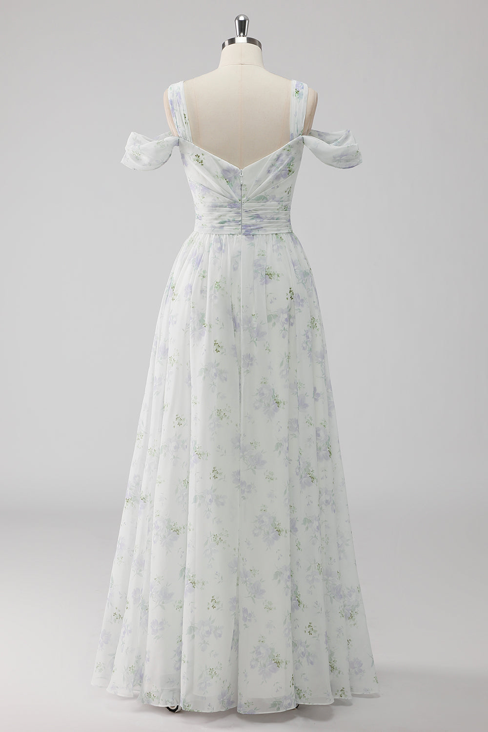 White Floral A Line Cold Shoulder Wedding Guest Dress with Slit