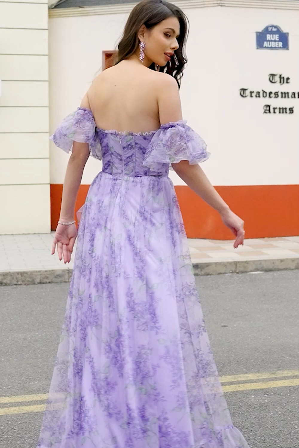 Laveender Printed A line Prom Dress with Removable Sleeves