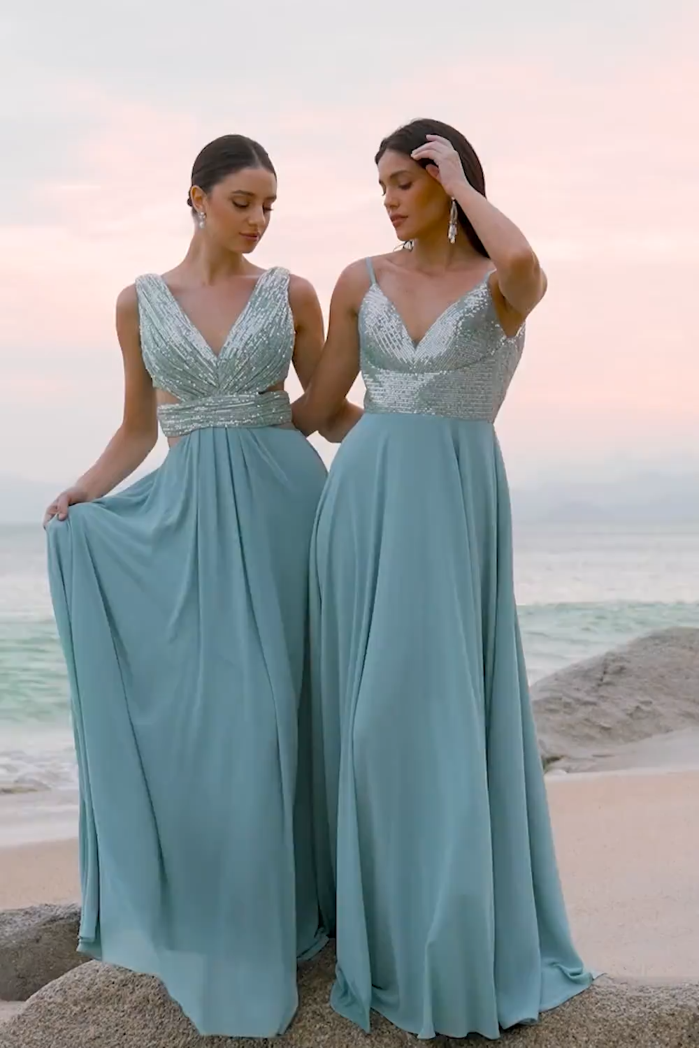 Grey Green V-Neck Sequined A-Line Bridesmaid Dress
