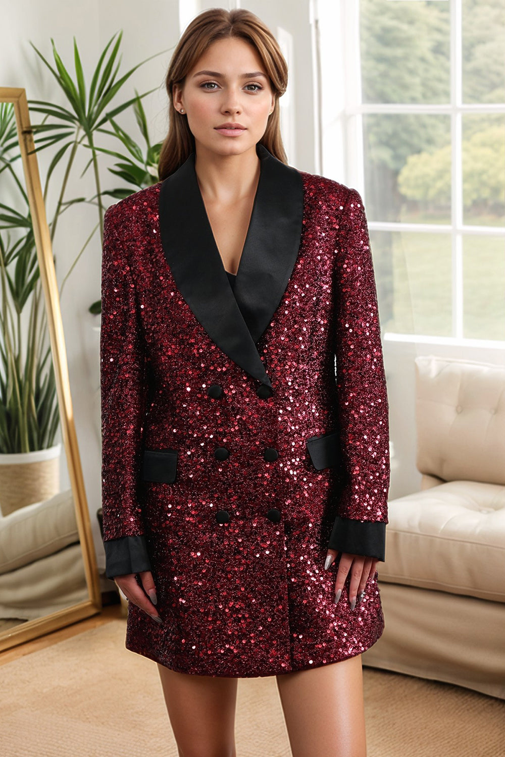 Leely Women's Blazer with Sequins Glitter Burgundy Bodycon Maxi Jacket