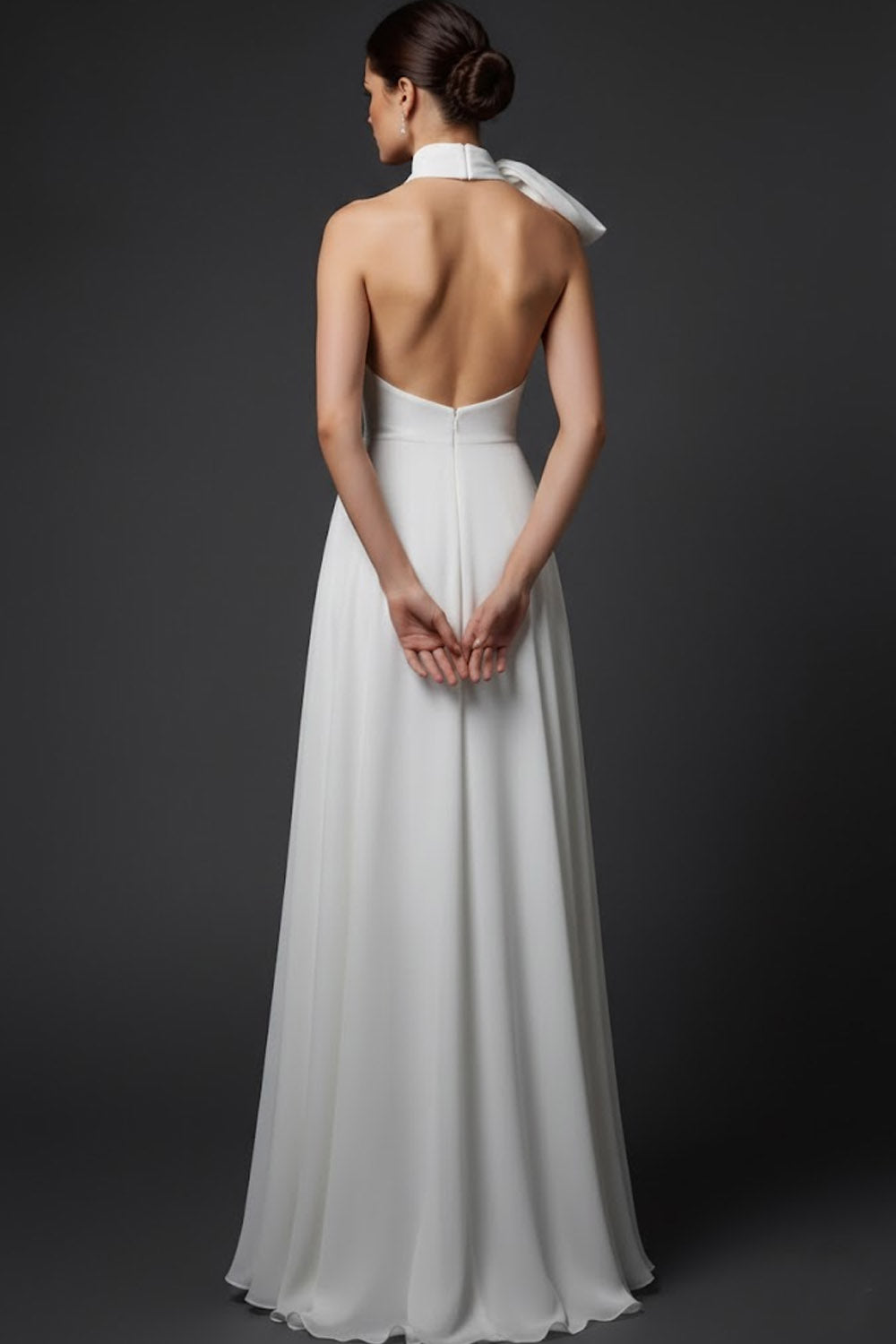 White A-Line High Waist Long Wedding Reception Dress with Bow