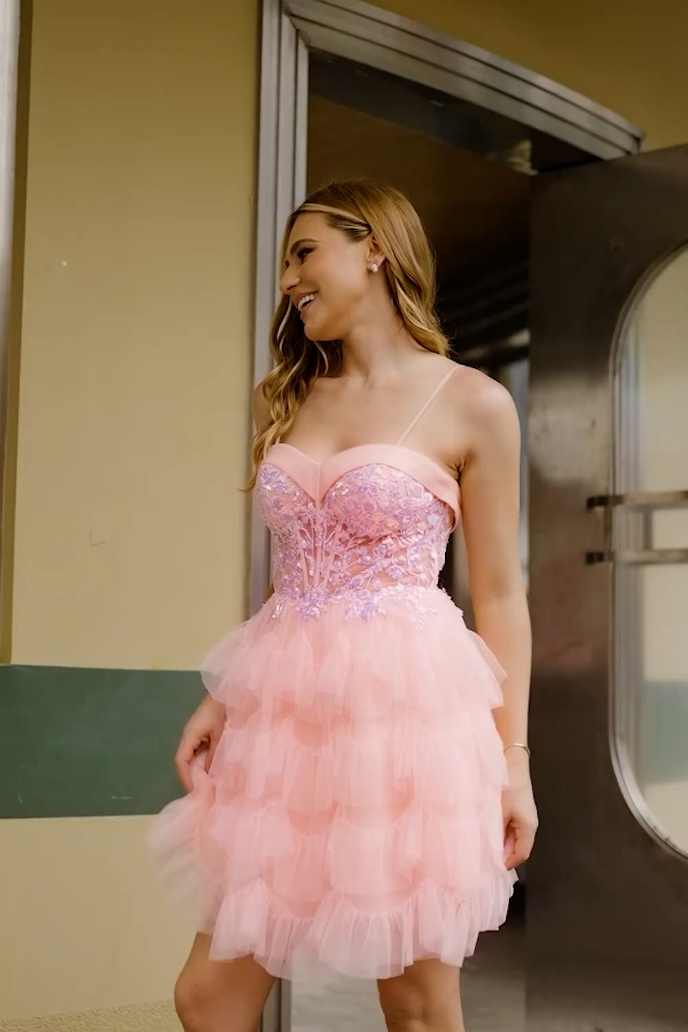 Pink Tulle Spaghetti Straps Corset Sequins Short Homecoming Dress with Ruffles