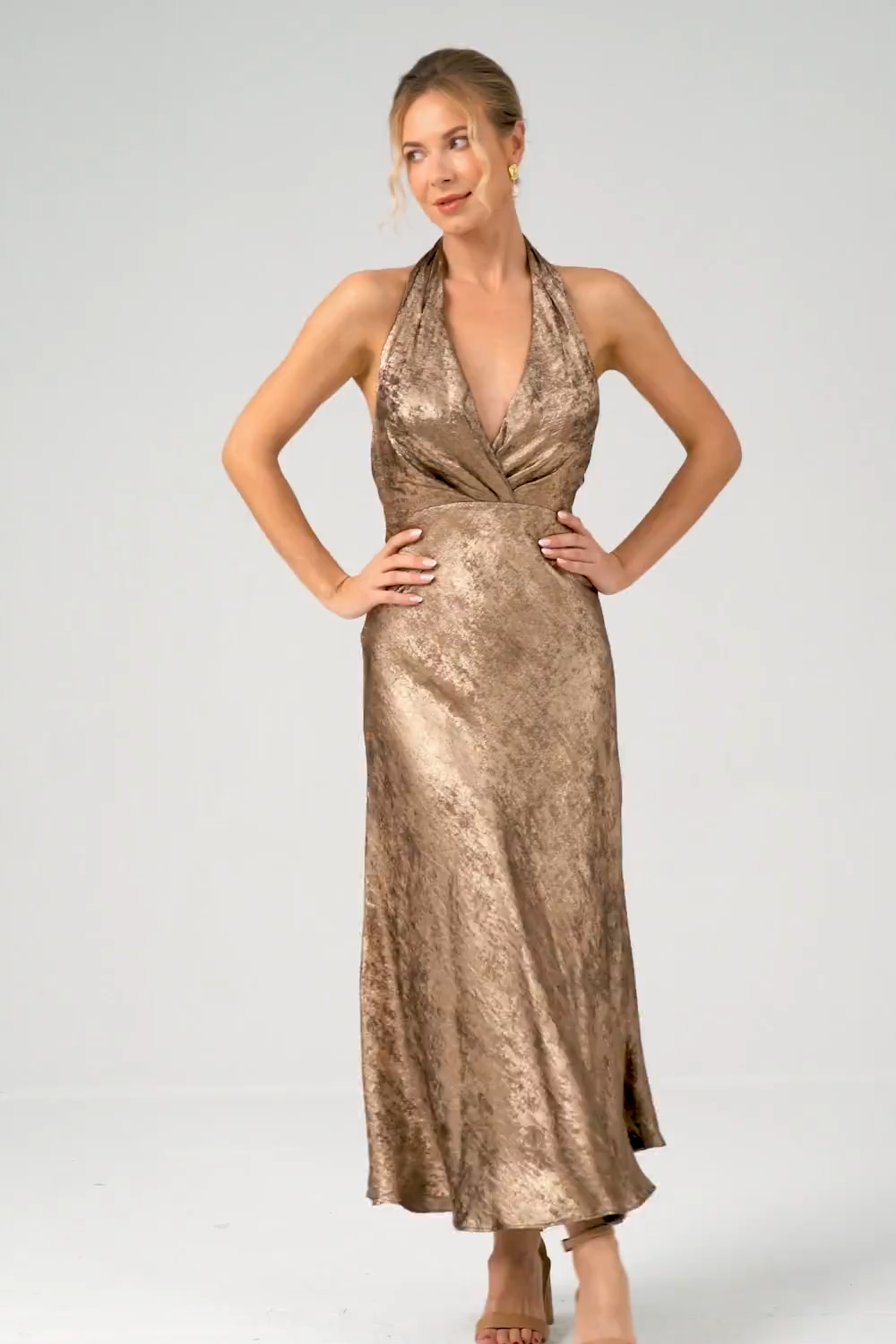 Golden Halter Backless Mermaid Metallic Wedding Guest Dress