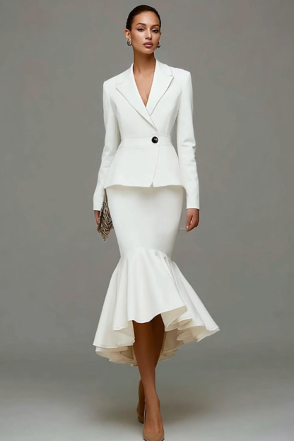 Ivory Satin Notched Lapel 2 Piece Mermaid Midi Business Suits with Ruffles
