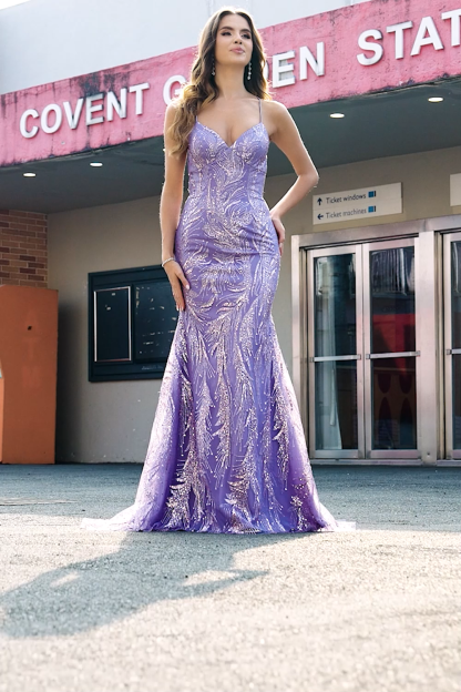Sparkly Lilac Mermaid Spaghetti Straps Long Prom Dress With Beading