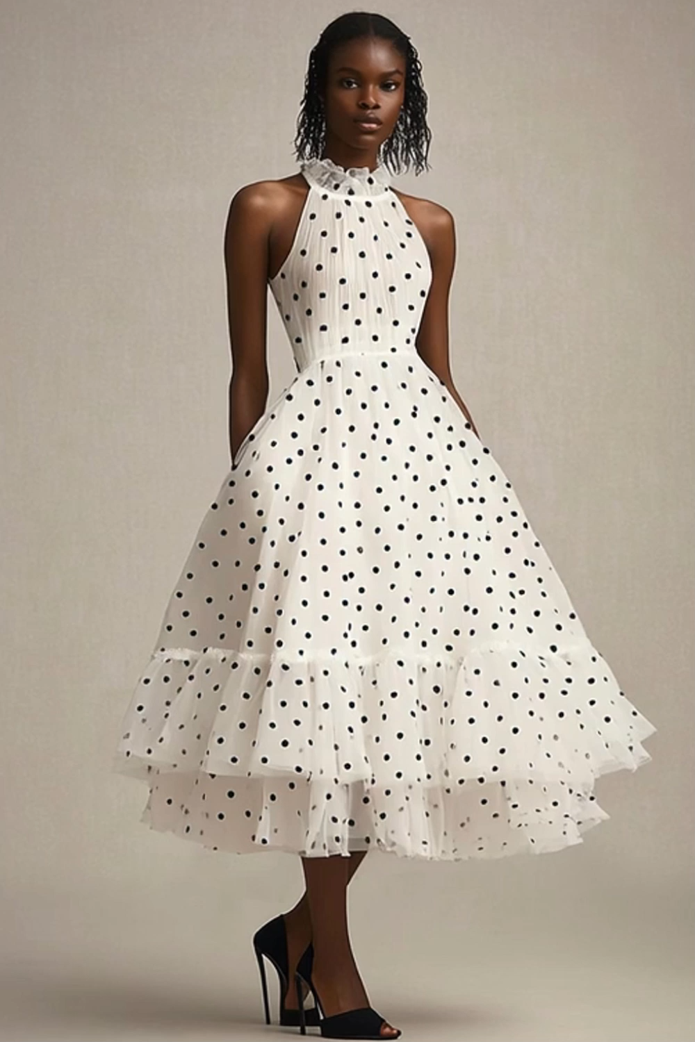 Tulle White and Black Tiered High Neck Maxi Polka Dot Dress with Ruffles