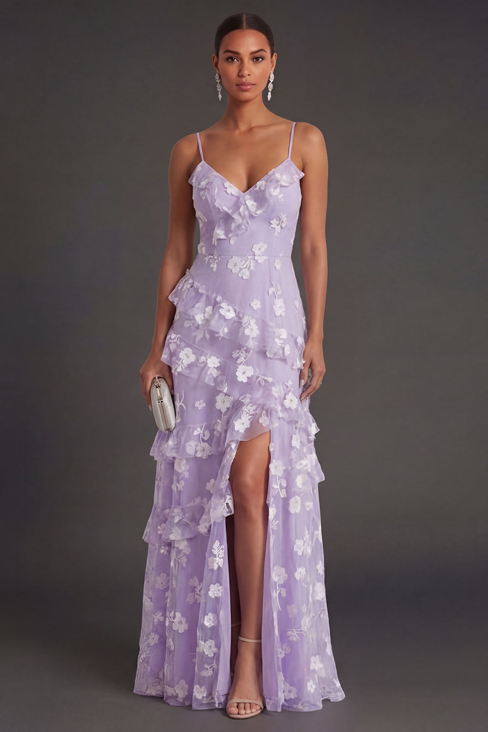 Floral White A Line Spaghetti Straps Ruffled Long Engagement Dress with Slit