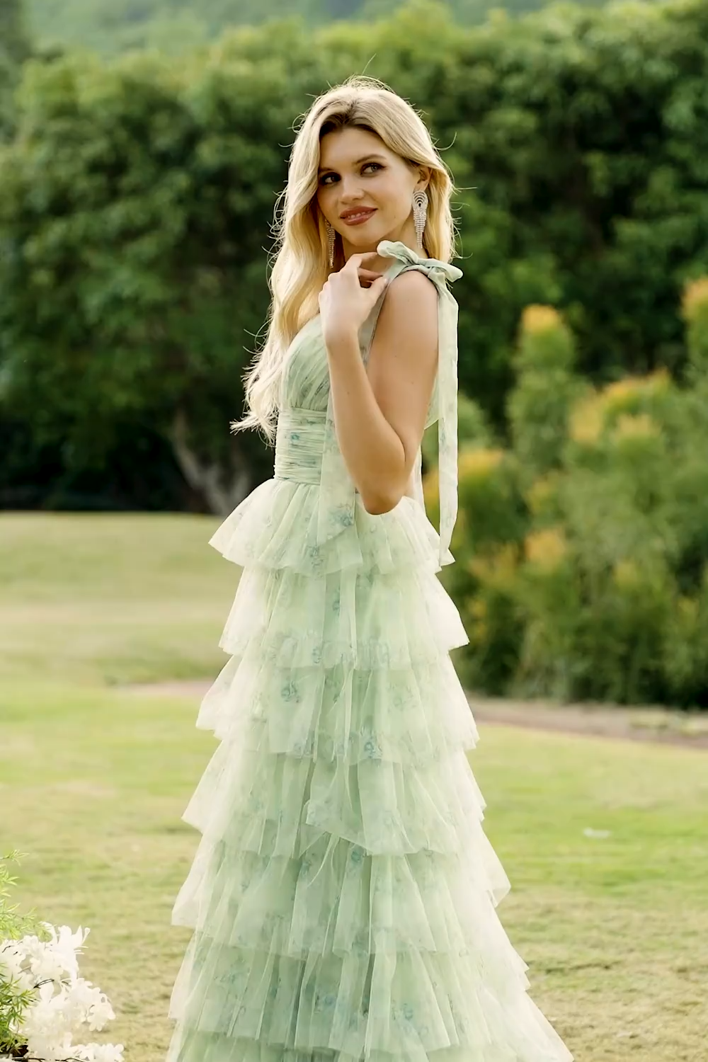 Floral Green Ruffled Tulle Tiered A Line Maxi Prom Dress with Slit