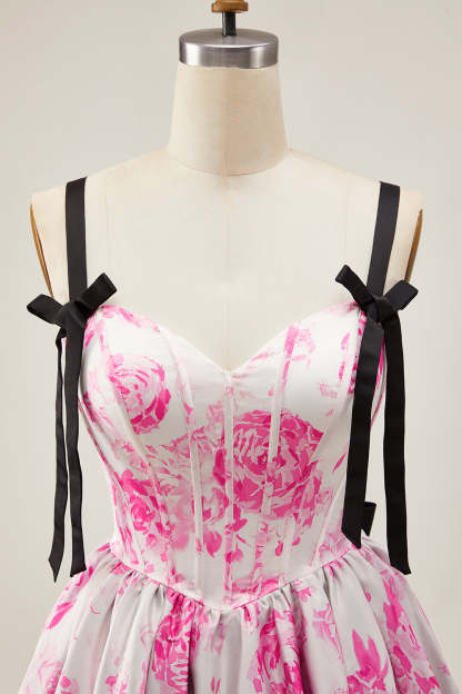 Cute White Fuchsia A Line Corset Floral Short Homecoming Dress with Bow