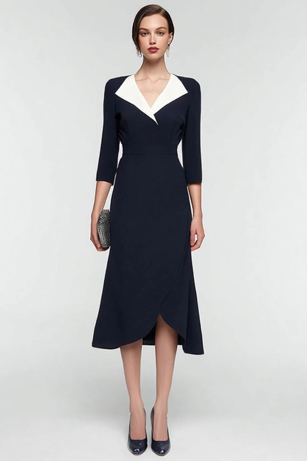 Midi Black and White Patchwork Lapel Neck 3/4 Sleeves Work Dress