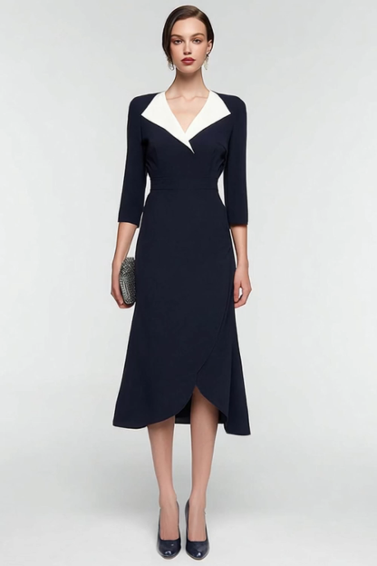 Midi Black and White Patchwork Lapel Neck 3/4 Sleeves Work Dress