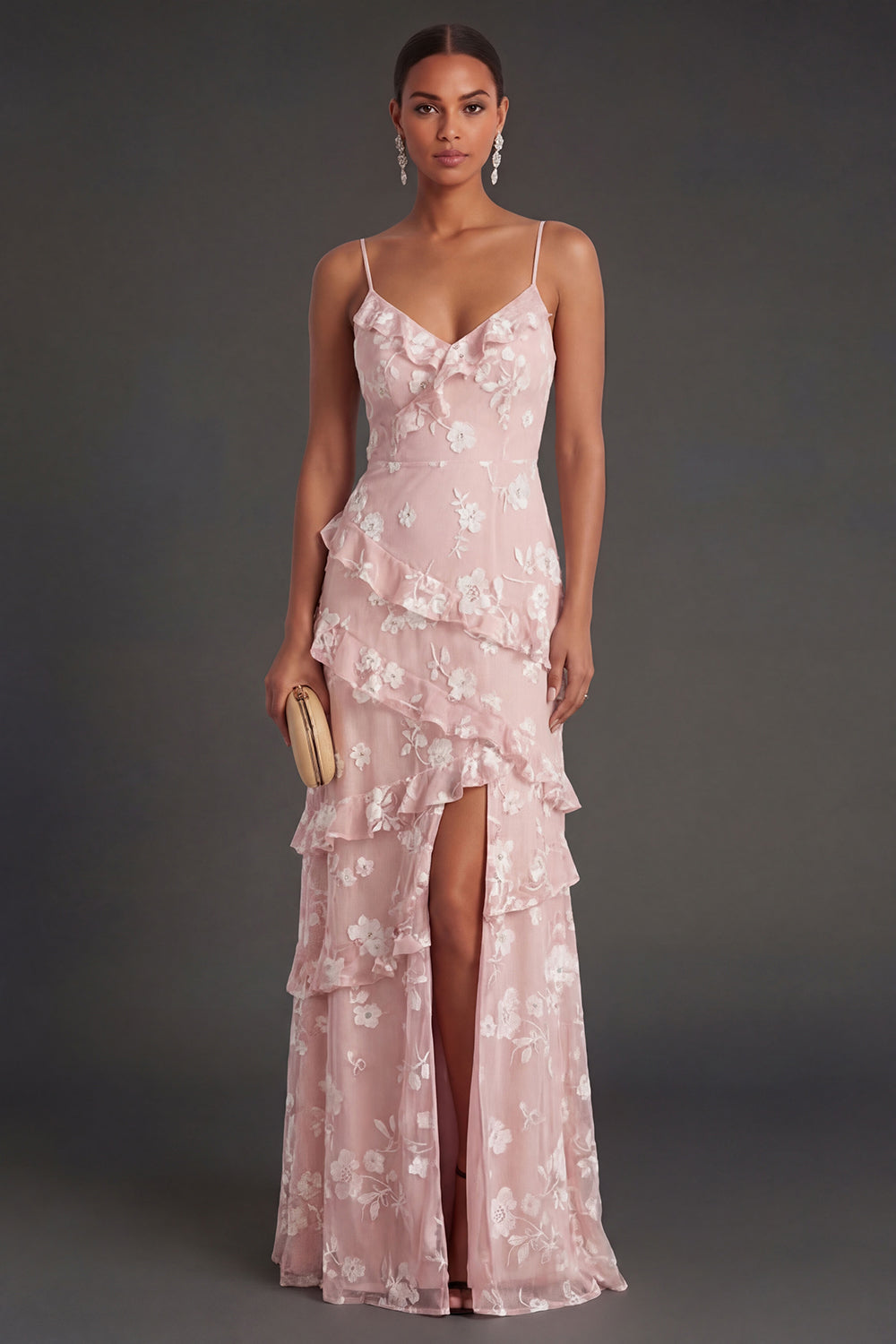Floral White A Line Spaghetti Straps Ruffled Long Engagement Dress with Slit